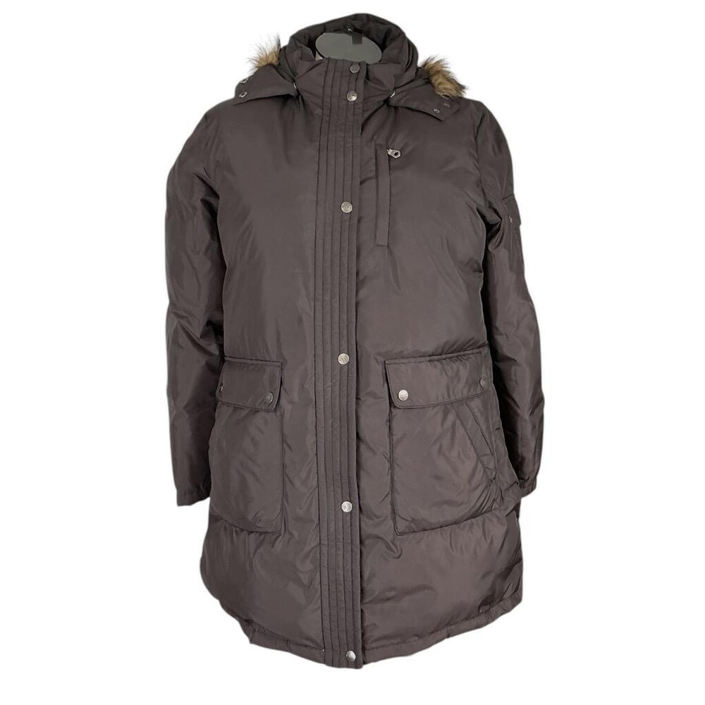 Donna Karan DKNY Down Jacket Women XL Brown Pockets Hood Zip Up Winter Coat